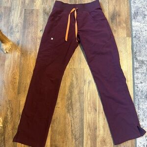 Figs Women's Pants in Burgundy with Orange Tie